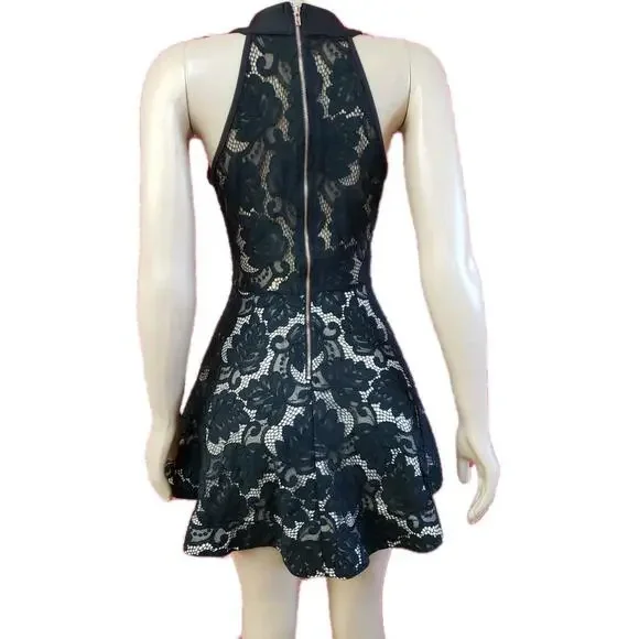 Trac High Neck Fit & Flare Nude Black Lace Laywred Dress Woman's Size M #CB5 - Picture 4 of 9